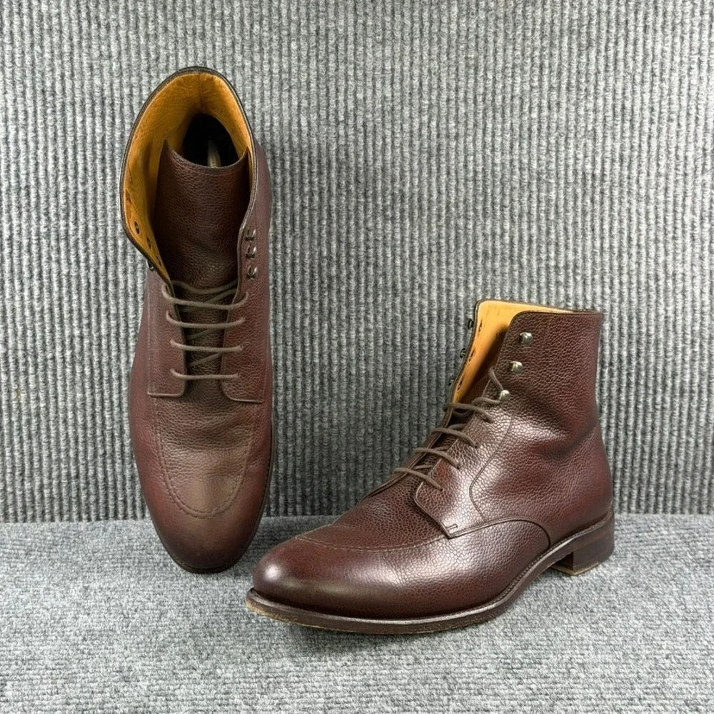 Octobre Editions Mens 45 Brown Pebble Grain Leather Lace Up Apron Toe Boots